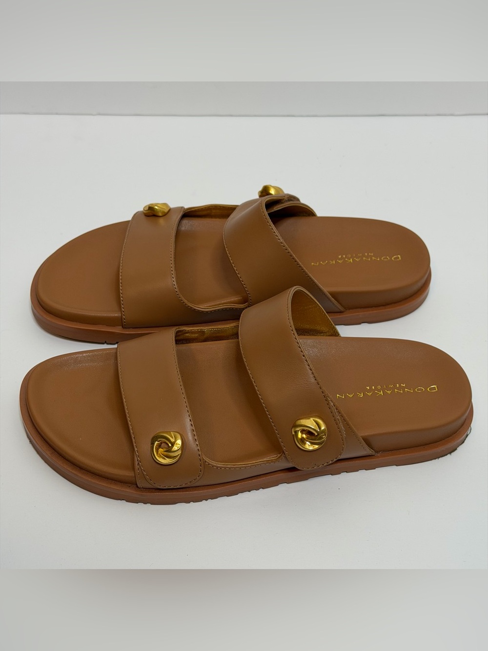 Donna Karan Hazley Cognac Leather Slip-On Sandals Double Strap Gold Accents 9 - Picture 6 of 15